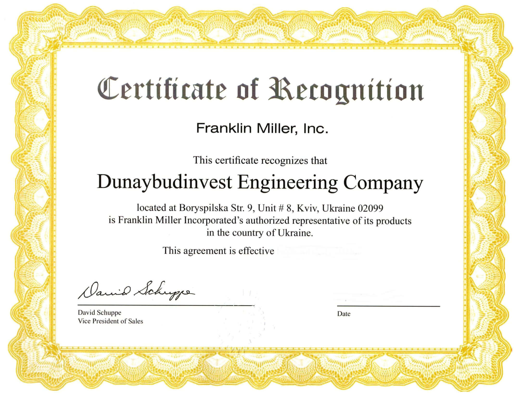 сертифікат франклін міллер дунайбудінвест